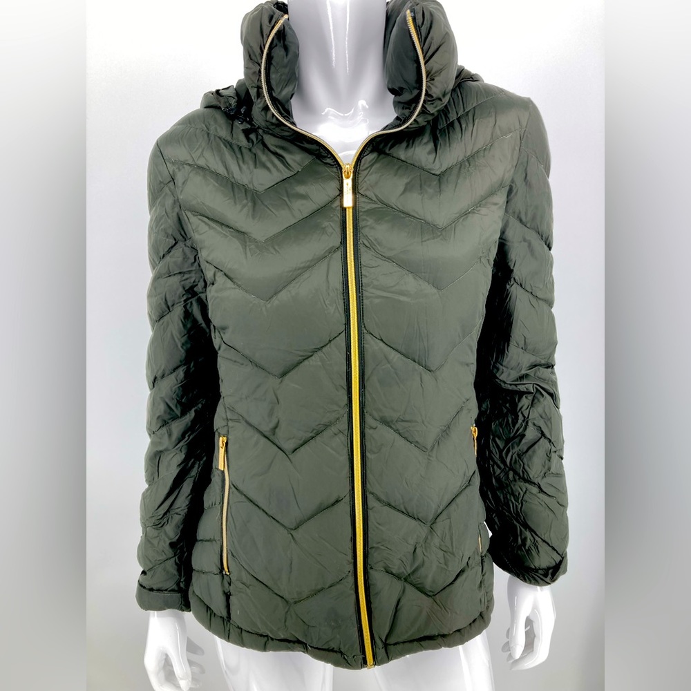 Michael Kors Green Down Filled Winter Coat Size M Gold Zippered Gently Used